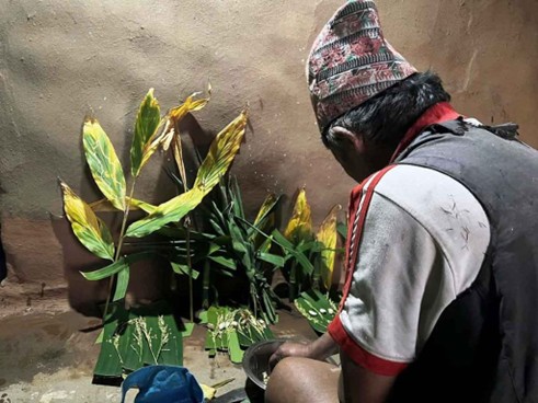 A Yakthung man offering new harvested crops to various gods and goddess duing Chashok festival
