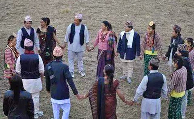 Yakthung men and women participating in yalang dance